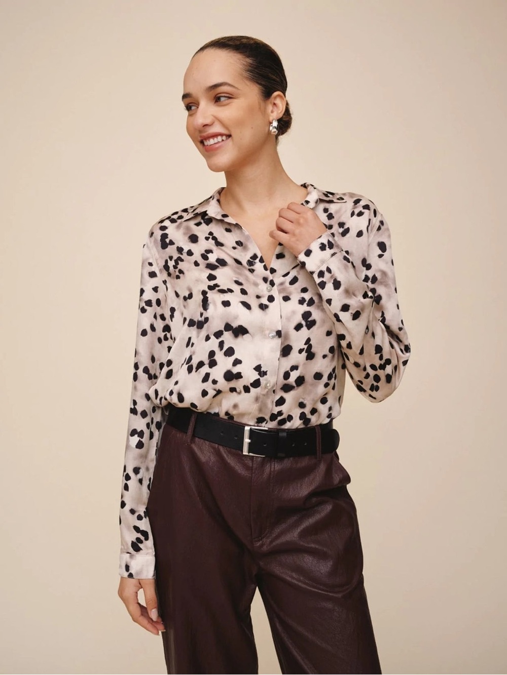 Bella Dahl white and Black Leopard Spot Rayon Button-Down Shirt